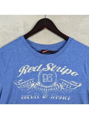 Red Stripe Beer Jamaica T Shirt Tee Men's Large Heathered Blue Grungecore